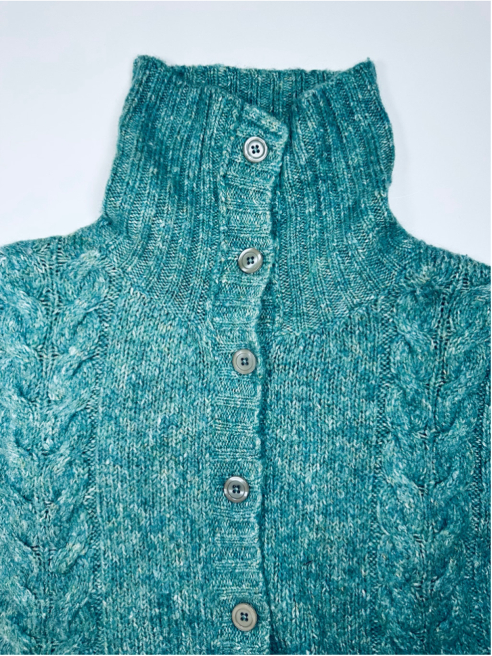 L.L.Bean Teal Cable Knit Button Shawl Collar Cardigan Sweater Women’s Medium - Picture 6 of 11